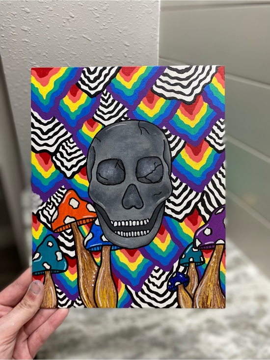 Hand Crafted Other - Colorful Skull and Mushroom Canvas Board Art